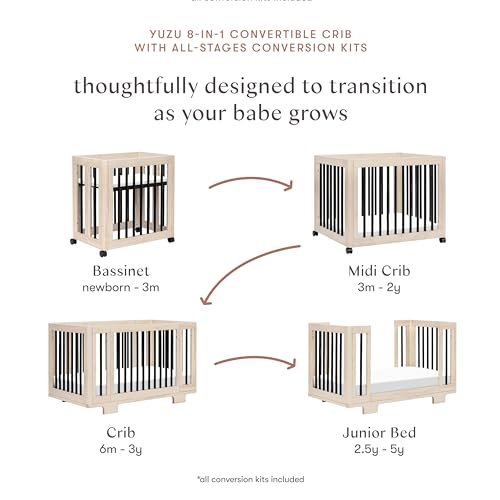 Babyletto Yuzu 8-in-1 Convertible All-Stages® Crib - Conversion Kits for Bassinet, Midi Baby Crib to Toddler Bed, Daybed, Standard Crib & Baby Bed - Portable & Adjustable - GREENGUARD Gold Certified