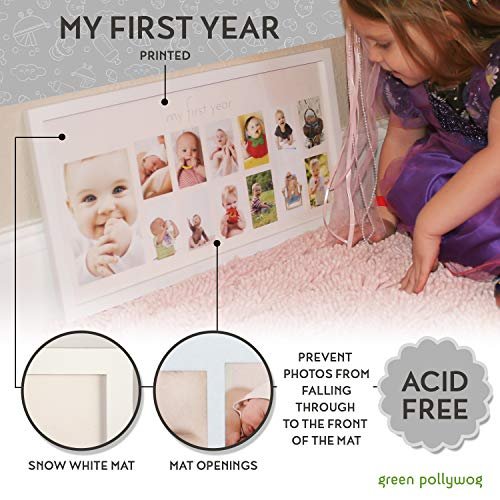 Baby's First Year Frame in Elegant White Natural Wood - My First Year Baby Picture Frame for Photo Memories (White)