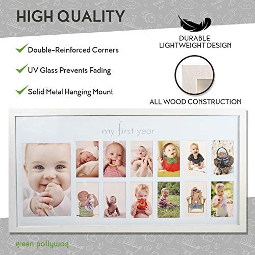 Baby's First Year Frame in Elegant White Natural Wood - My First Year Baby Picture Frame for Photo Memories (White)