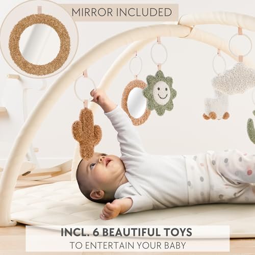 Beautiful Baby Play Gym and Tummy Time Mat - Soft Cotton Mat with 6 Cute Toys Creates The Perfect Activity Area for Your Girl/Boy - Stylish Infant Floor Playmat Fits Nicely with Any Playroom Decor