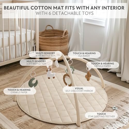 Beautiful Baby Play Gym and Tummy Time Mat - Soft Cotton Mat with 6 Cute Toys Creates The Perfect Activity Area for Your Girl/Boy - Stylish Infant Floor Playmat Fits Nicely with Any Playroom Decor