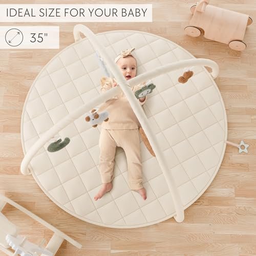 Beautiful Baby Play Gym and Tummy Time Mat - Soft Cotton Mat with 6 Cute Toys Creates The Perfect Activity Area for Your Girl/Boy - Stylish Infant Floor Playmat Fits Nicely with Any Playroom Decor
