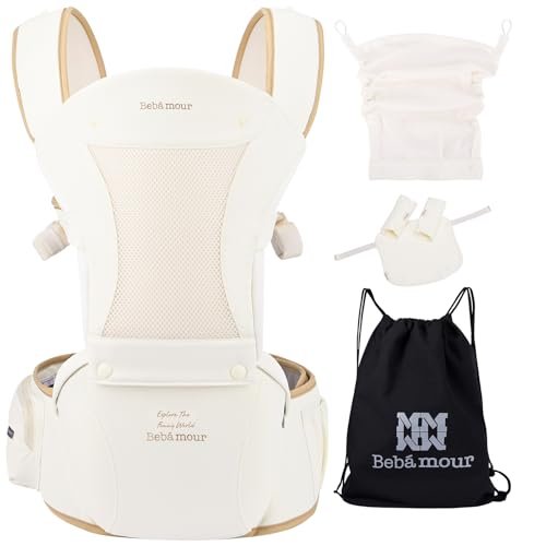 Bebamour Baby Carrier with Hip Seat,All-Position Breathable Mesh Hip Seat & Carrier 0-36Months with Head Hood, 3 PCS Teething Pads, Waist Extender,Storage Bag & Pacifier Case(Khaki)
