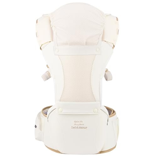 Bebamour Baby Carrier with Hip Seat,All-Position Breathable Mesh Hip Seat & Carrier 0-36Months with Head Hood, 3 PCS Teething Pads, Waist Extender,Storage Bag & Pacifier Case(Khaki)