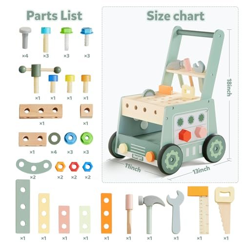 Beright Wooden Baby Push Walker, Wooden Baby Walker and Tool Toy for Toddlers, Kids Tool Bench, Baby Activity Center, Toddler Montessori Educational Toys, Green