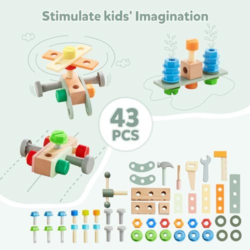 Beright Wooden Baby Push Walker, Wooden Baby Walker and Tool Toy for Toddlers, Kids Tool Bench, Baby Activity Center, Toddler Montessori Educational Toys, Green