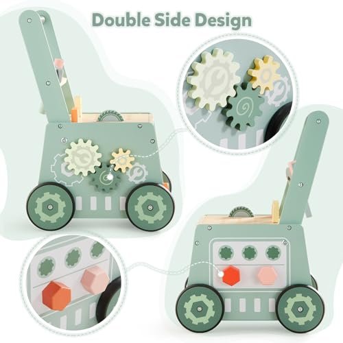 Beright Wooden Baby Push Walker, Wooden Baby Walker and Tool Toy for Toddlers, Kids Tool Bench, Baby Activity Center, Toddler Montessori Educational Toys, Green