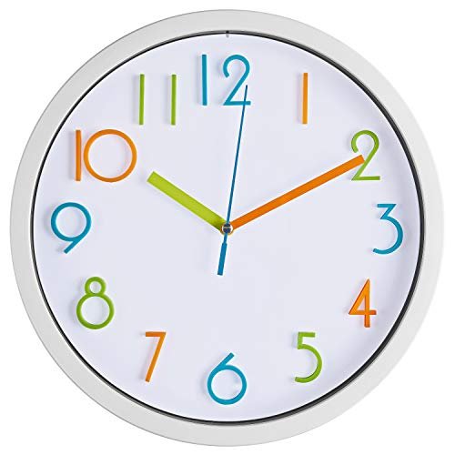 Bernhard Products Colorful Kids Wall Clock 10 Inch Silent Non Ticking Quality Quartz Battery Operated Wall Clocks, Easy to Read 3D Multi Colored Numbers Nursery Classroom Office Kitchen White Frame