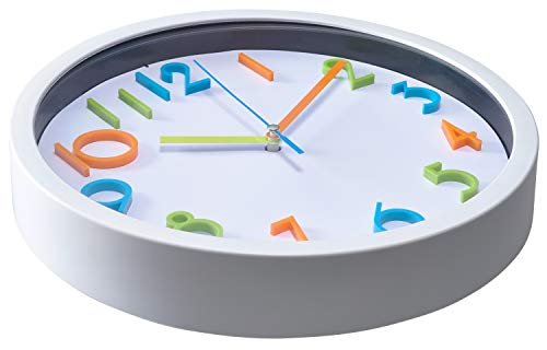 Bernhard Products Colorful Kids Wall Clock 10 Inch Silent Non Ticking Quality Quartz Battery Operated Wall Clocks, Easy to Read 3D Multi Colored Numbers Nursery Classroom Office Kitchen White Frame