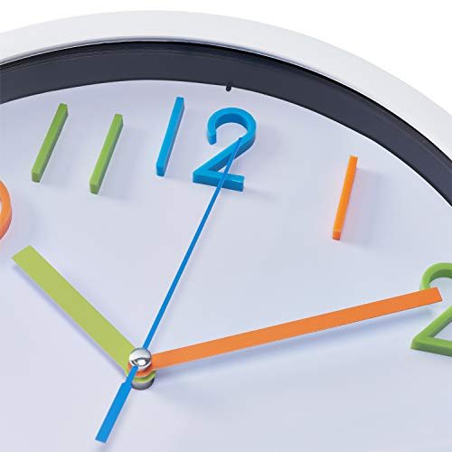 Bernhard Products Colorful Kids Wall Clock 10 Inch Silent Non Ticking Quality Quartz Battery Operated Wall Clocks, Easy to Read 3D Multi Colored Numbers Nursery Classroom Office Kitchen White Frame