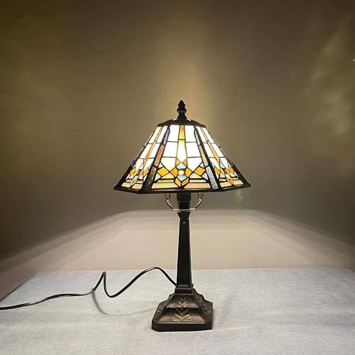 Bieye L10791 Mission Style Table Lamp Tiffany Stained Glass Night Light with Hexagonal Cone Lampshade, 10" W x 16" H