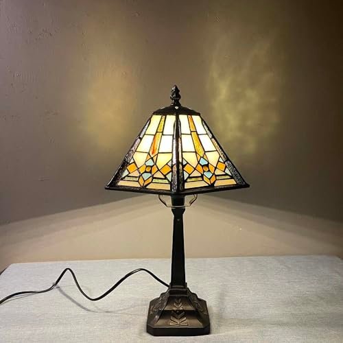 Bieye L10791 Mission Style Table Lamp Tiffany Stained Glass Night Light with Hexagonal Cone Lampshade, 10" W x 16" H