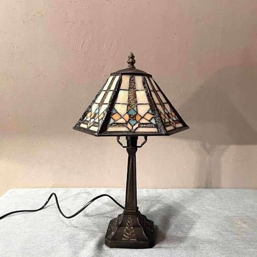 Bieye L10791 Mission Style Table Lamp Tiffany Stained Glass Night Light with Hexagonal Cone Lampshade, 10" W x 16" H