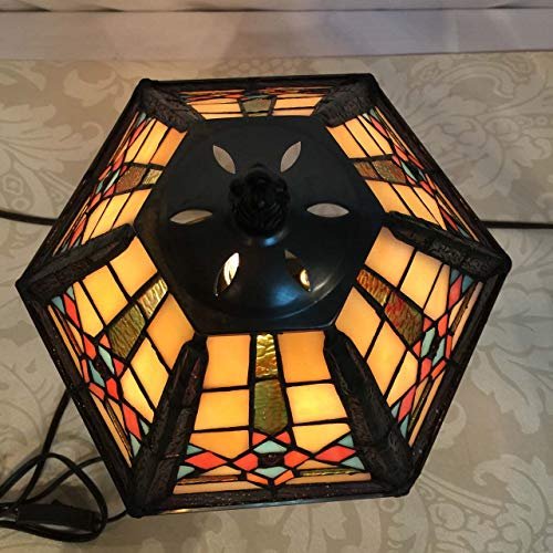 Bieye L10791 Mission Style Table Lamp Tiffany Stained Glass Night Light with Hexagonal Cone Lampshade, 10" W x 16" H