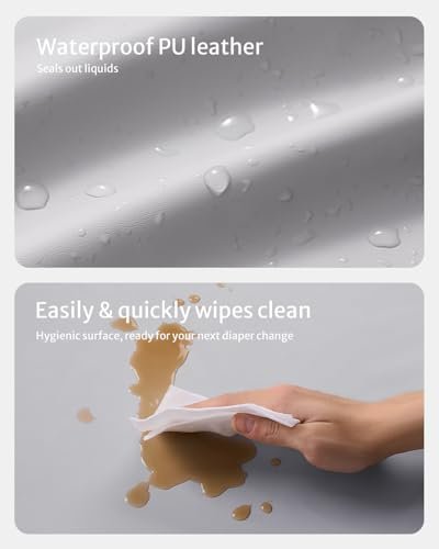 Blissful Diary Vegan Leather Baby Changing Pad with Waterproof & Wipe-Clean PU Cover, Standard Size Cozy Diaper Changing Pad for Dresser and Table, Light Gray