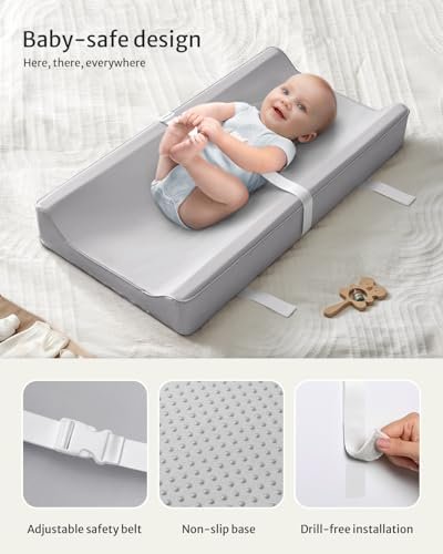 Blissful Diary Vegan Leather Baby Changing Pad with Waterproof & Wipe-Clean PU Cover, Standard Size Cozy Diaper Changing Pad for Dresser and Table, Light Gray
