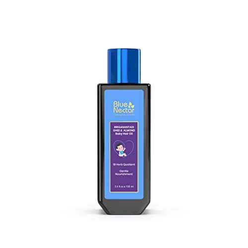 Blue Nectar Ayurvedic Baby Hair Oil with Organic Ghee, Almond Oil, Coconut Oil & Olive Oil for Hair and Scalp(18 Herbs, 3.38 Fl Oz)