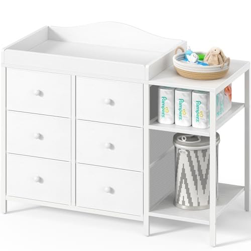 BOLUO Baby Dresser with Changing Table Top, White Changing Table Dresser with 6 Fabric Drawers Diaper Changing Station with Storage Shelf for Nursery Modern