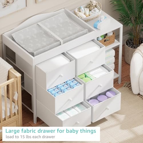 BOLUO Baby Dresser with Changing Table Top, White Changing Table Dresser with 6 Fabric Drawers Diaper Changing Station with Storage Shelf for Nursery Modern