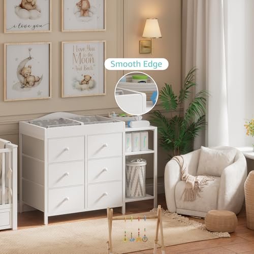 BOLUO Baby Dresser with Changing Table Top, White Changing Table Dresser with 6 Fabric Drawers Diaper Changing Station with Storage Shelf for Nursery Modern