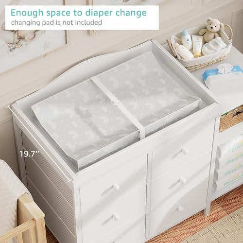 BOLUO Baby Dresser with Changing Table Top, White Changing Table Dresser with 6 Fabric Drawers Diaper Changing Station with Storage Shelf for Nursery Modern