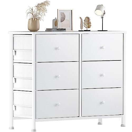 BOLUO White Dresser for Bedroom 6 Drawer Organizers Fabric Storage Chest Tower Small Dressers Unit for Closet Nursery Hallway Office, Kids and Adult Modern