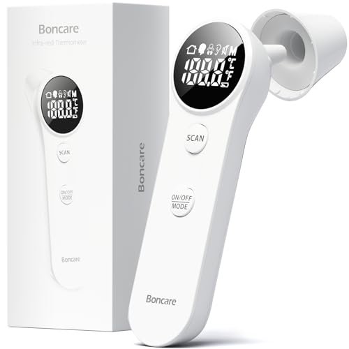 Boncare Ear and Forehead Thermometer, 2X Accuracy Infrared Digital Thermometer for Adults and Kids, 1 Second Reading, No Touch Baby with Fever Alarm, FSA and HSA Eligible