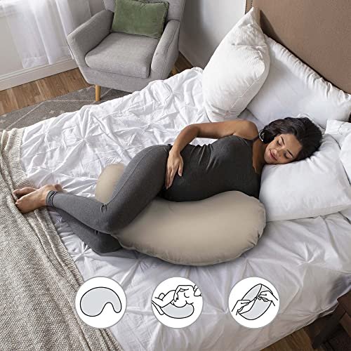 Boppy Cuddle Pregnancy Pillow with 100% Organic Cotton Removable Cover, Biscuit, Comfy Body-conforming Hypoallergenic Fiber Fill, Contoured Design for Versatile Support Pregnancy Through Postpartum