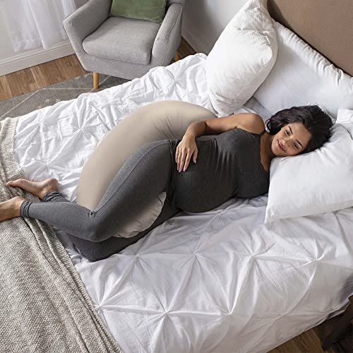 Boppy Cuddle Pregnancy Pillow with 100% Organic Cotton Removable Cover, Biscuit, Comfy Body-conforming Hypoallergenic Fiber Fill, Contoured Design for Versatile Support Pregnancy Through Postpartum