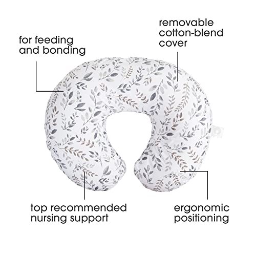 Boppy Original Nursing Pillow, Gray Taupe Leaves, Ergonomic Nursing Essentials for Bottle and Breastfeeding, Firm Fiber Fill, with Removable Pillow Cover, Machine Washable
