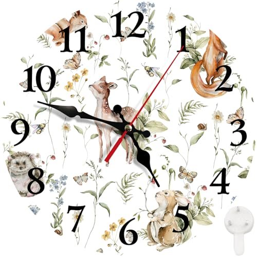 Britimes Round Wall Clock Silent Non-Ticking Battery Operated Clock 10 Inch, Cute Woodland Nursery Bunny Fox Home Decor for Living Room, Bathroom, Bedroom, Kitchen, Office and School