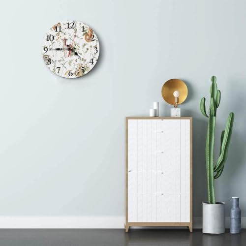 Britimes Round Wall Clock Silent Non-Ticking Battery Operated Clock 10 Inch, Cute Woodland Nursery Bunny Fox Home Decor for Living Room, Bathroom, Bedroom, Kitchen, Office and School