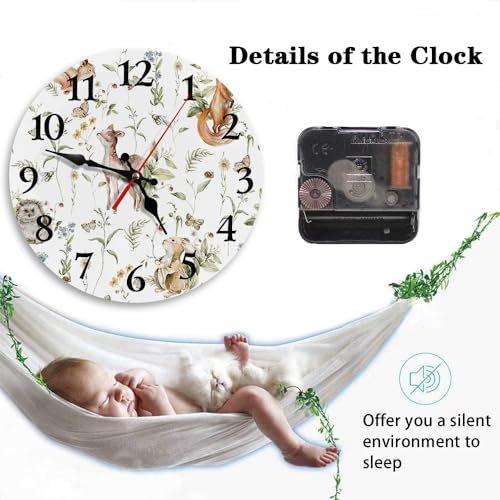 Britimes Round Wall Clock Silent Non-Ticking Battery Operated Clock 10 Inch, Cute Woodland Nursery Bunny Fox Home Decor for Living Room, Bathroom, Bedroom, Kitchen, Office and School