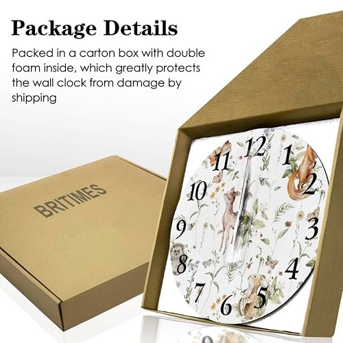 Britimes Round Wall Clock Silent Non-Ticking Battery Operated Clock 10 Inch, Cute Woodland Nursery Bunny Fox Home Decor for Living Room, Bathroom, Bedroom, Kitchen, Office and School