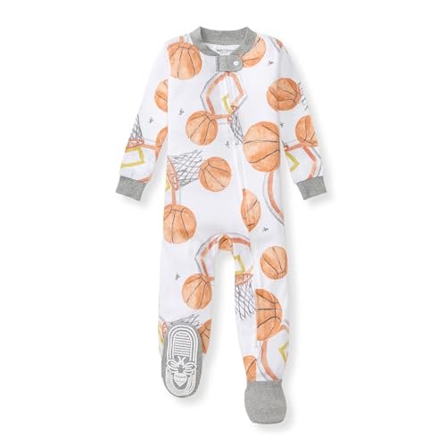 Burt's Bees Baby Baby Boy's Sleeper PJs, 100% Organic Cotton, Soft One-Piece Footie, Diagonal Zip Up Jumpsuit, Snug Fit Pajamas with Snap Tab, Basketball, 12 Months