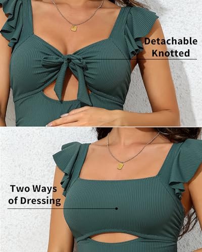 Charmo Ruffle Maternity Bathing Suits for Women Ribbed Tie Knot Maternity Swimsuit Cutout Ruched Pregnancy Swimwear