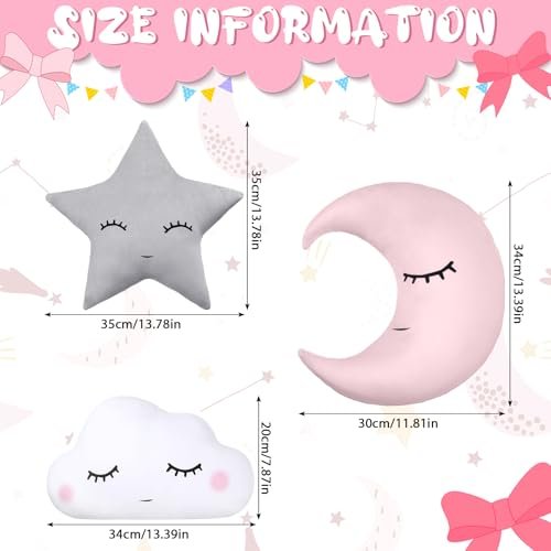 Chunful 3 Pcs Children Moon Star Cloud Cushion Soft Plush Cloud Shaped Pillow Stuffed Stars and Moon Nursery Decor Home Decor for Bedroom Crib Party Supplies (Pink Gray White)