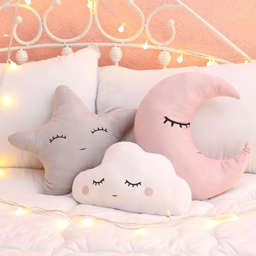 Chunful 3 Pcs Children Moon Star Cloud Cushion Soft Plush Cloud Shaped Pillow Stuffed Stars and Moon Nursery Decor Home Decor for Bedroom Crib Party Supplies (Pink Gray White)