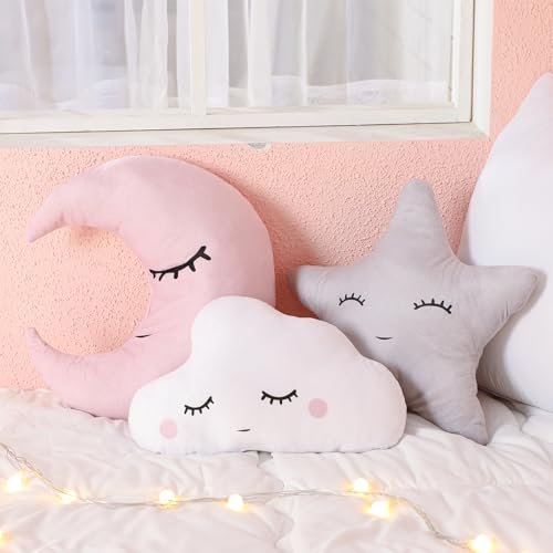 Chunful 3 Pcs Children Moon Star Cloud Cushion Soft Plush Cloud Shaped Pillow Stuffed Stars and Moon Nursery Decor Home Decor for Bedroom Crib Party Supplies (Pink Gray White)