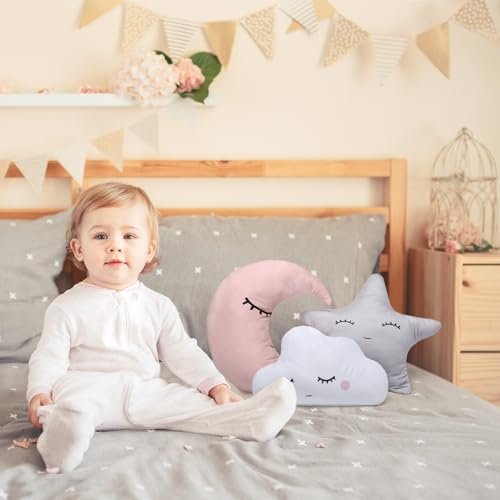 Chunful 3 Pcs Children Moon Star Cloud Cushion Soft Plush Cloud Shaped Pillow Stuffed Stars and Moon Nursery Decor Home Decor for Bedroom Crib Party Supplies (Pink Gray White)