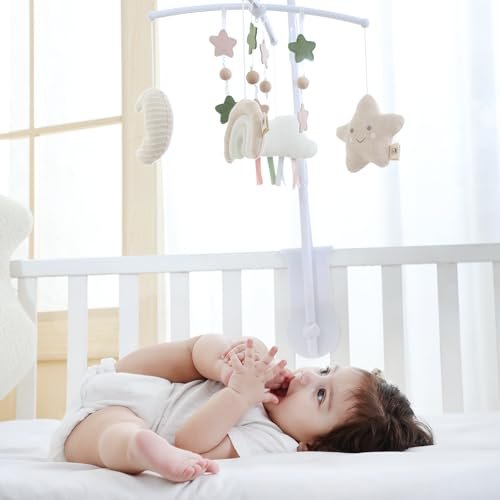 Crib Mobile 35 Lullaby Muisc, Organic Cotton Baby Mobiles for Cribs & Pack N Play, Easy to Install, Stuffed Animals Hanging Toys Newborn Boys & Girls, Star Nursery Decor