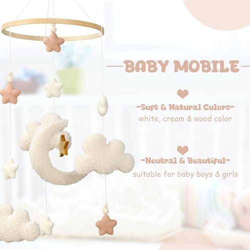 Crib Mobile for Boys Girls, Cute Stars Moon Cloud Boho Gender Neutral Hand-Crocheted Mobile for Baby Nursery Ceiling Mount Unisex
