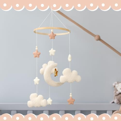 Crib Mobile for Boys Girls, Cute Stars Moon Cloud Boho Gender Neutral Hand-Crocheted Mobile for Baby Nursery Ceiling Mount Unisex