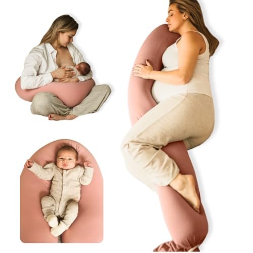 Cuddobaby Pregnancy Pillow 5-in-1 【Cooling Cover, Adjustable Firmness】 Patented Lock Design, Turn into O-Shape Nursing Pillow, 5-Point Full Body Support, Maternity Pillow with Travel Bag - Pink
