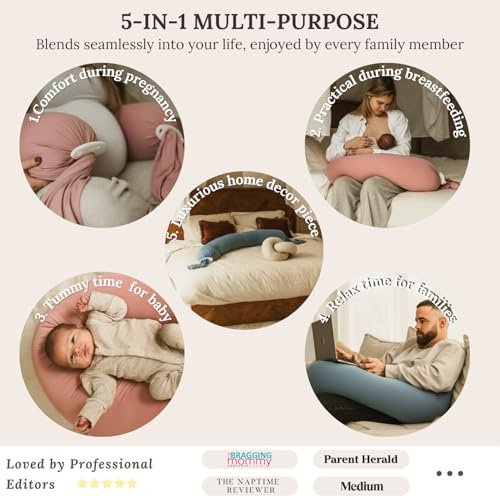 Cuddobaby Pregnancy Pillow 5-in-1 【Cooling Cover, Adjustable Firmness】 Patented Lock Design, Turn into O-Shape Nursing Pillow, 5-Point Full Body Support, Maternity Pillow with Travel Bag - Pink