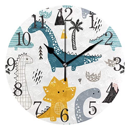Cute Dinosaur Wall Clock for Kids Room, Battery Operated Non Ticking Wall Clocks for Playroom, Homeschool, Classroom,9.5 Inches(25cm)