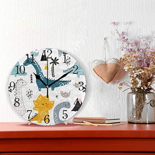Cute Dinosaur Wall Clock for Kids Room, Battery Operated Non Ticking Wall Clocks for Playroom, Homeschool, Classroom,9.5 Inches(25cm)