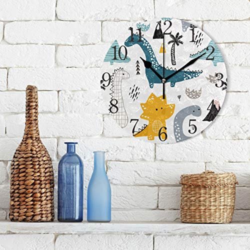 Cute Dinosaur Wall Clock for Kids Room, Battery Operated Non Ticking Wall Clocks for Playroom, Homeschool, Classroom,9.5 Inches(25cm)