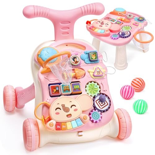 CUTE STONE 2-in-1 Baby Walker for Girls, Sit-to-Stand Learning Walker, Early Educational Push Walking Toys with Detachable Activity Center for Infants & Toddlers 12+ Months