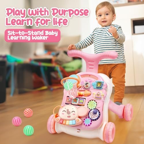CUTE STONE 2-in-1 Baby Walker for Girls, Sit-to-Stand Learning Walker, Early Educational Push Walking Toys with Detachable Activity Center for Infants & Toddlers 12+ Months